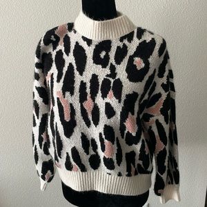 Black & Whitr Mock Neck Sweater - Leopard Print